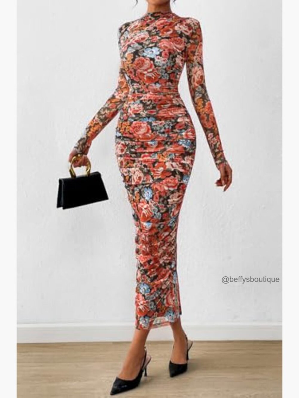 Long Sleeve Maxi Dress Ruched Bodycon Mesh Formal Wedding Guest Cocktail - Picture 3 of 7